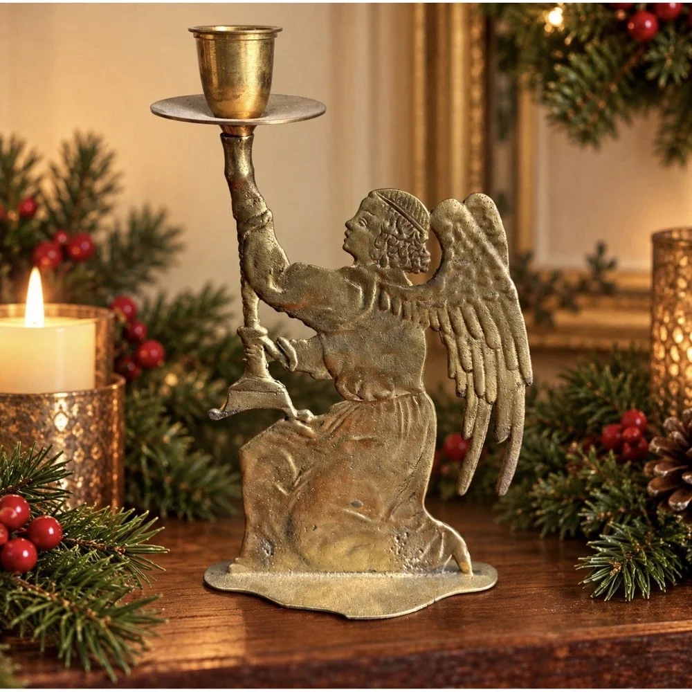 Vintage Brass Angel Candle Holder Made in India Patina Winged Figure 10